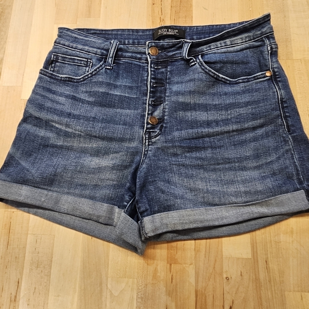 Judy Blue Womens 31 Denim Jean Shorts Rolled Cuff Exposed Button Fly High Waist